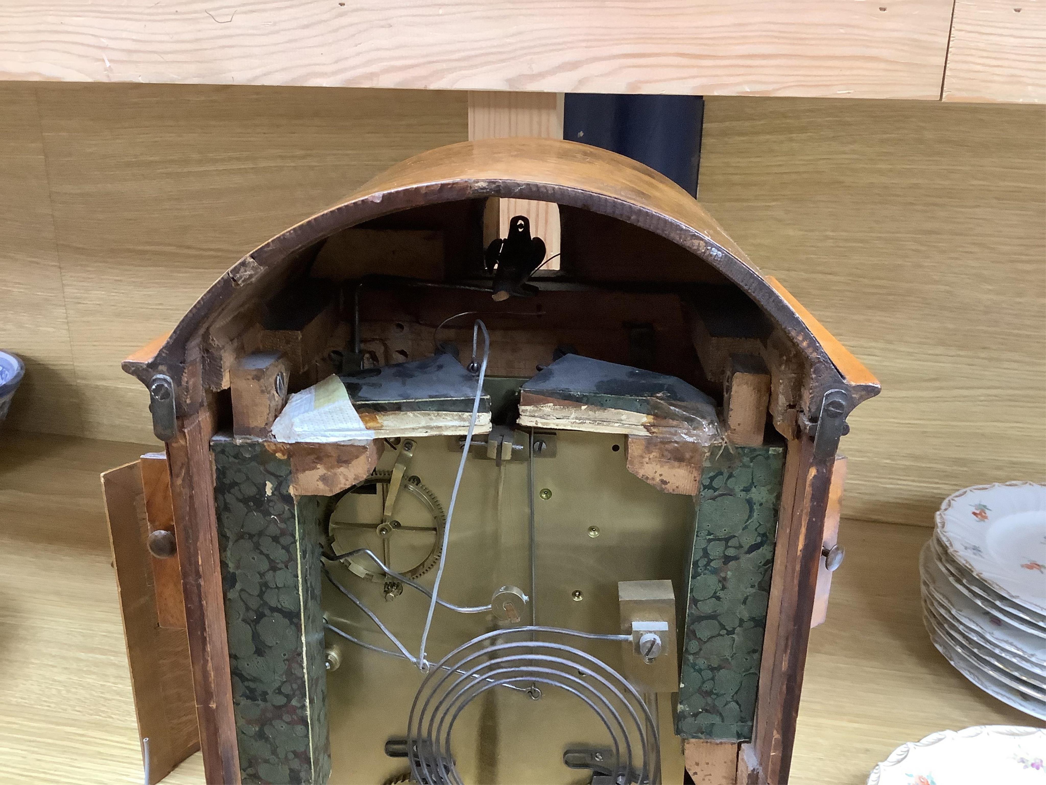 A Victorian burr walnut and marquetry dome topped cuckoo clock, signed Mitchell, London, with oak bracket, 41cm high